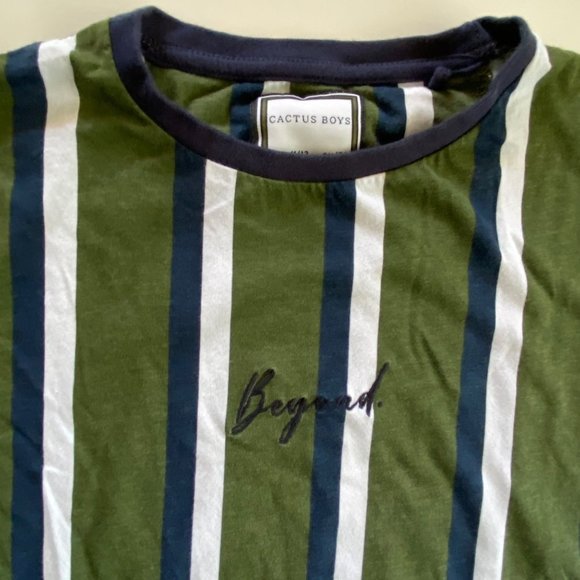 Cactus Boys sz 11/12, cm152 striped tee "beyond" embroidered olive green/blue - Picture 3 of 5